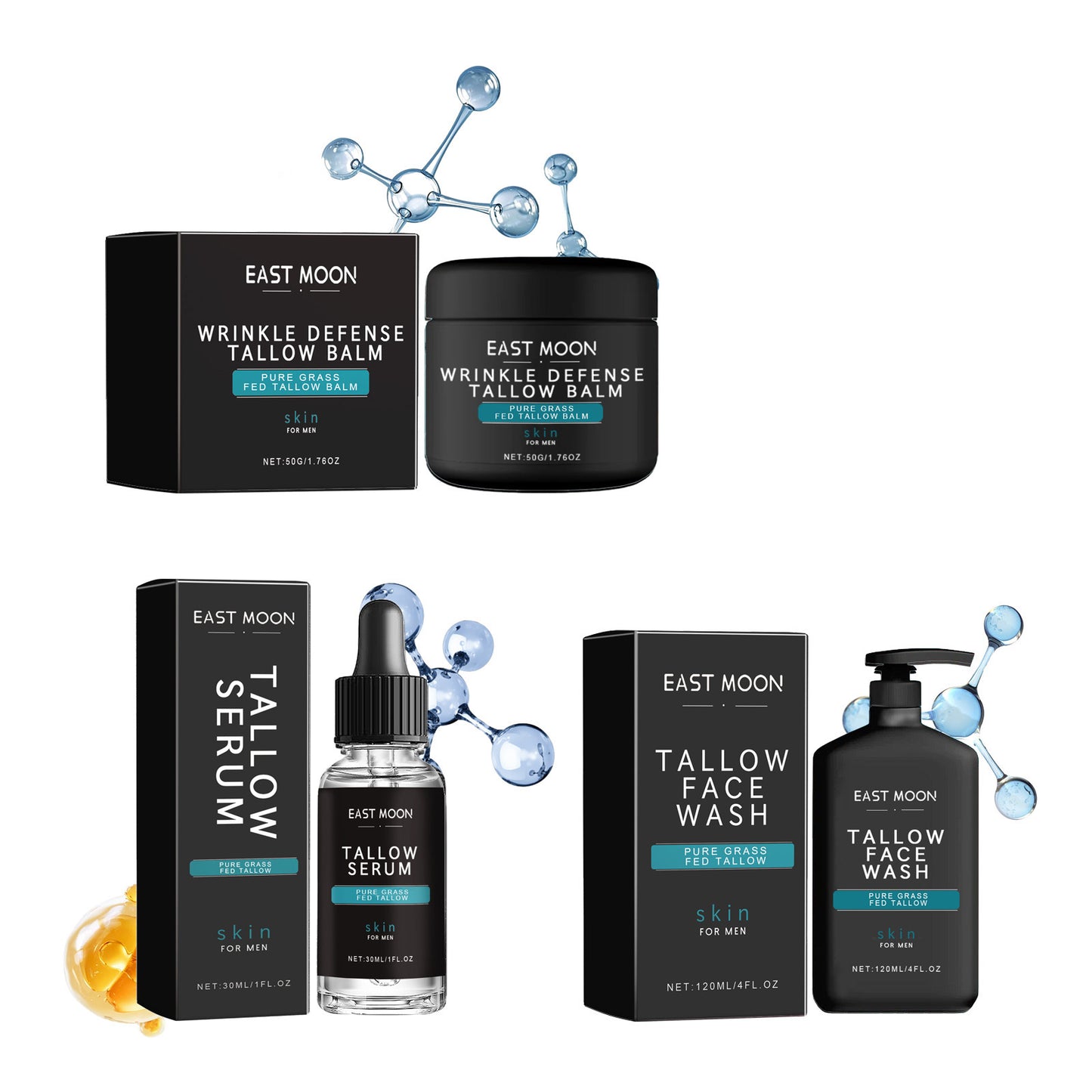 East Moon 3-Piece Grass-Fed Tallow Skincare Set for Men | Wrinkle Defense Balm + Tallow Serum + Face Wash | Anti-Aging Natural Skincare Bundle