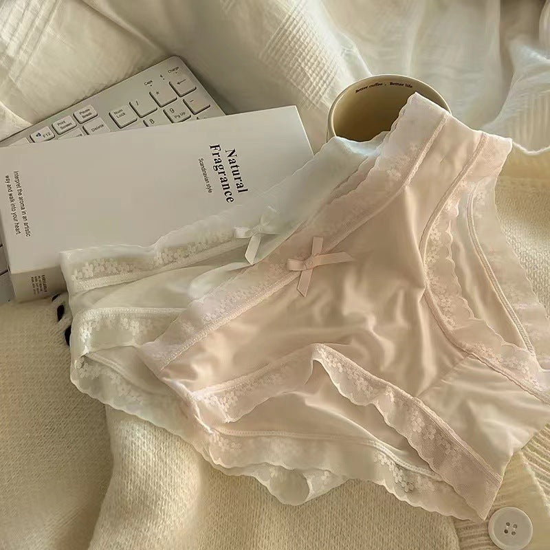 Satin Silk Lace Trim Bow Panties for Women Soft Smooth Mid Rise Briefs Floral Lace Edge White Beige