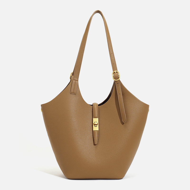 Luxury Leather Bucket Tote Bag with Gold Twist Lock | Women's Designer-Style Shoulder Bag in Beige & Brown Contrast Strap | Everyday Handbag for Work & Travel