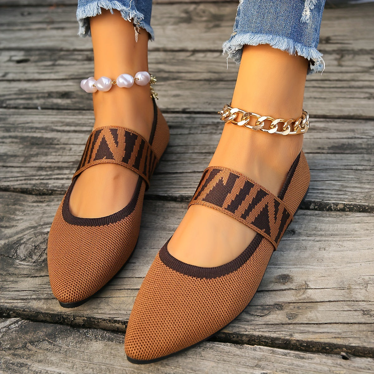 Black Knit Pointed Toe Flats Women Geometric Stripe Strap Slip-On Breathable Ballet Shoes Casual Daily