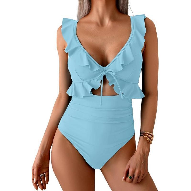 Teal Ruffle V-Neck Tie Front Cutout One Piece Swimsuit | High Waist Ruched Monokini | Women's Elegant Swimwear