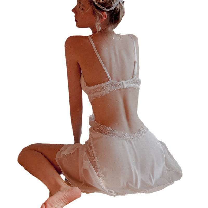 Women's Pink Satin Lace Bow Nightgown Sexy Strappy Crossover Bust Mini Slip Dress Romantic Chemise Sleepwear