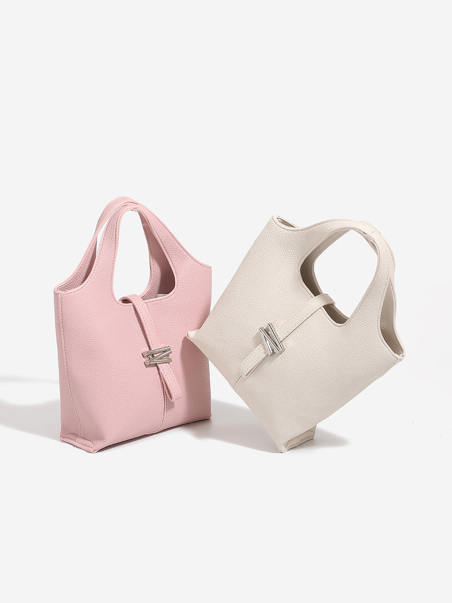 Cream Pebbled Leather Mini Tote Bag | Women's Top Handle Bucket Bag with Silver Knot Hardware Detail