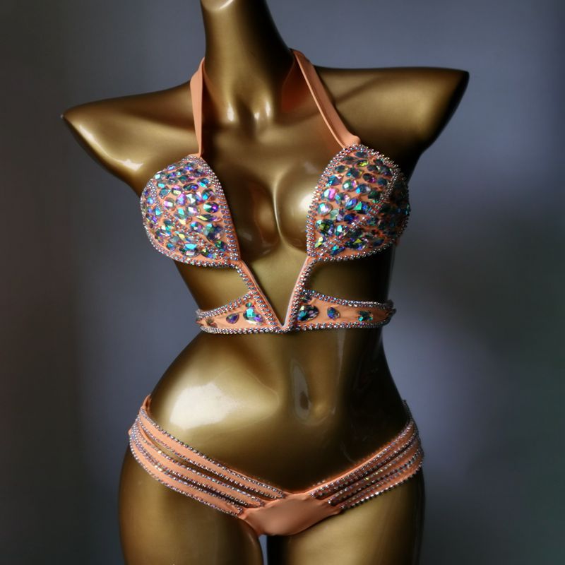 Crystal Rhinestone Bikini Set, AB Stone Competition Swimwear, Luxury Halter Bling Bikini, Women Figure Bodybuilding Suit, Royal Blue & Pink Pageant Swimsuit