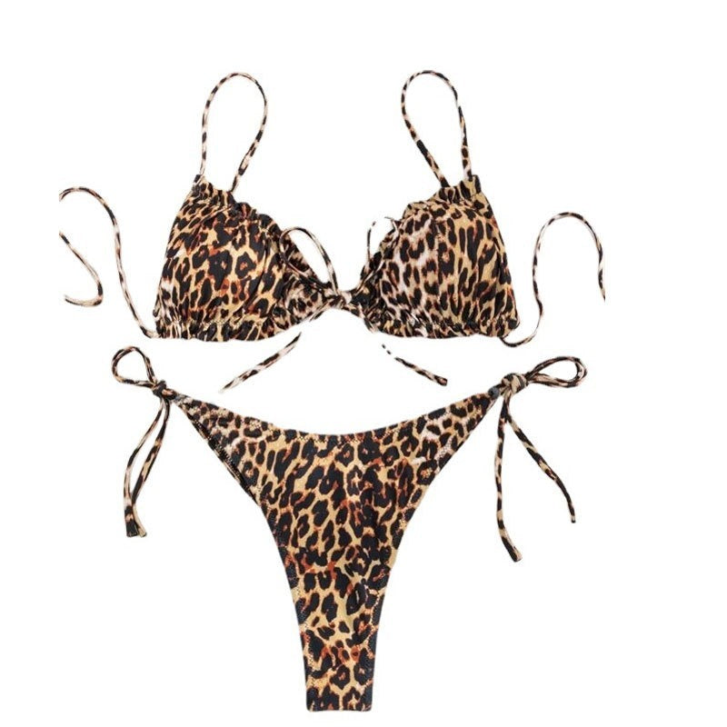 Green Leopard Print Bikini Set, Ruched Front Tie Underwire Top & Tie Side Cheeky Bottom, Women Animal Print Swimwear, Army Olive Gold Sexy Beach Swimsuit, Two Piece Bathing Suit