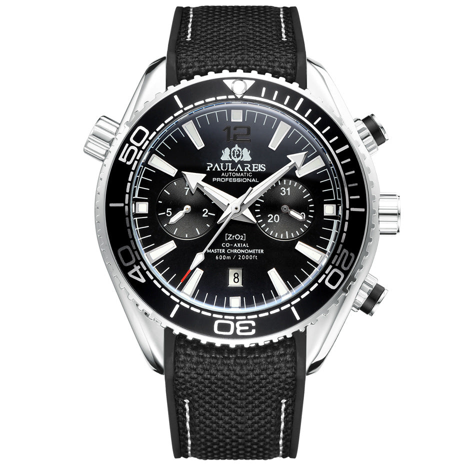 Paulareis Automatic Professional Diver Chronograph Watch | ZrO2 Co-Axial Master Chronometer 600m | Black & Orange Rubber Strap Men's Watch