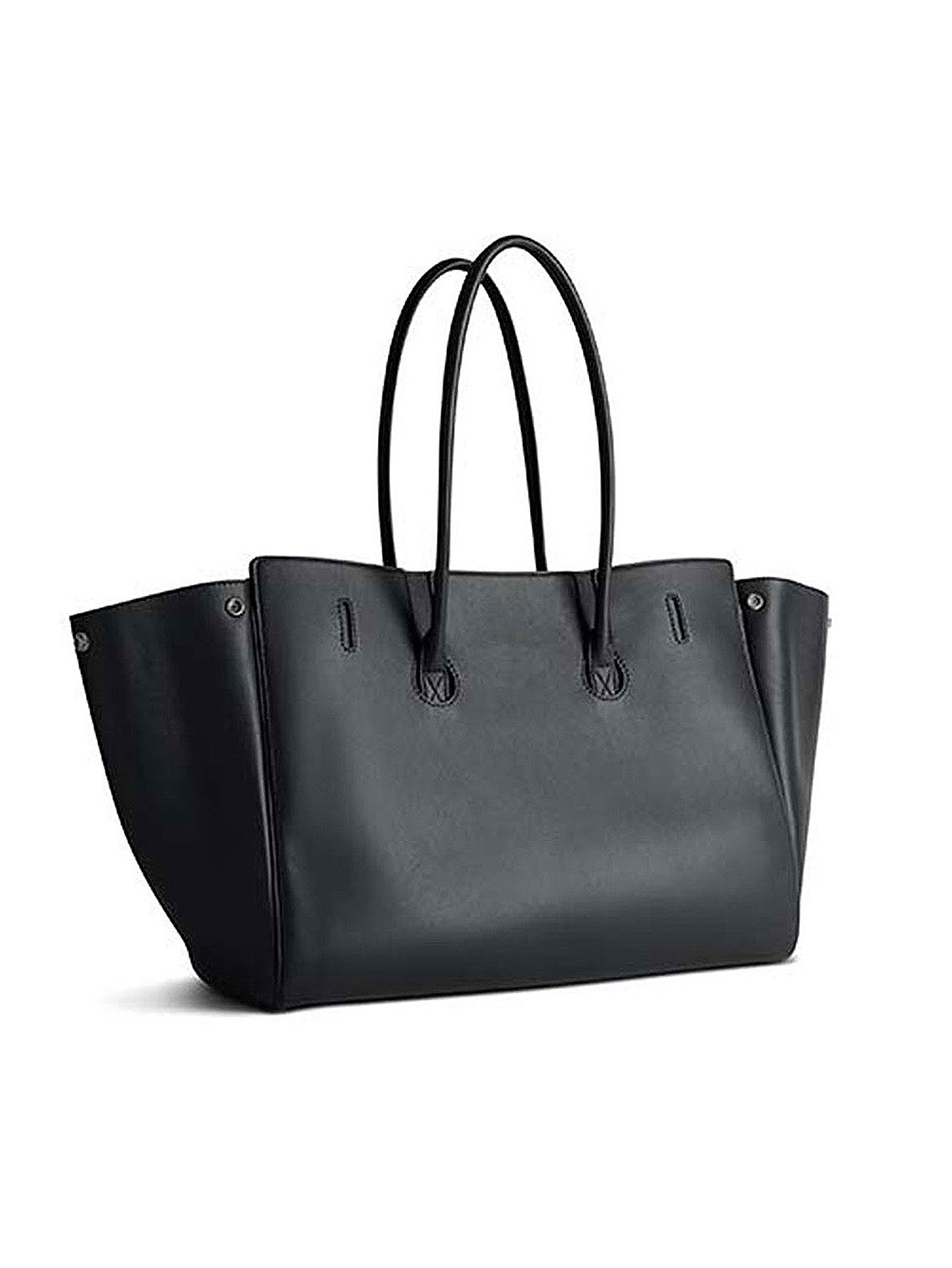Schwarze Leder-Tragetasche mit Vordertaschen und silberfarbener Hardware | Strukturierte Handtasche