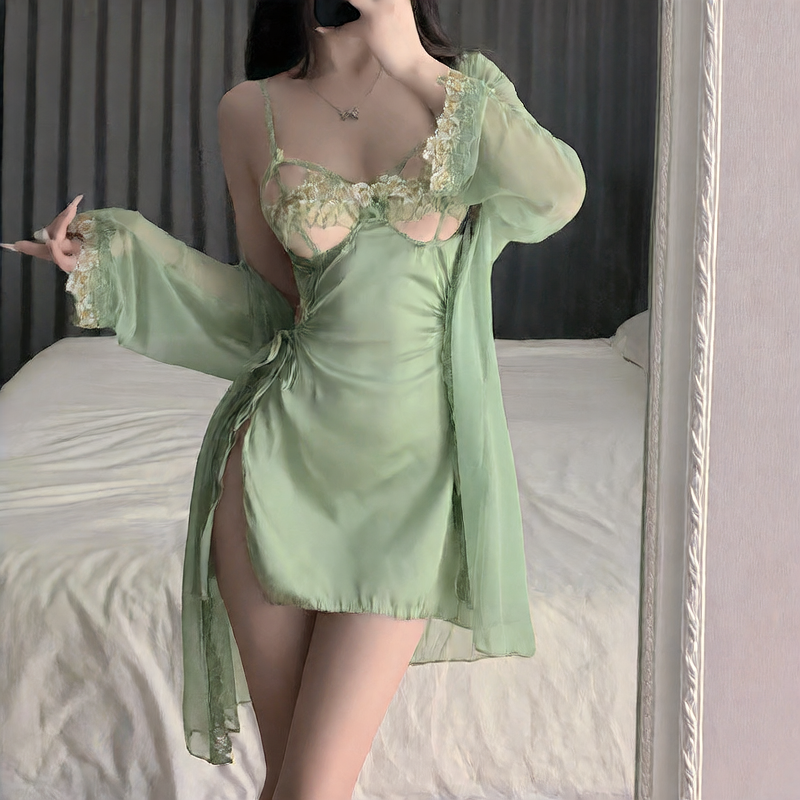 Women's Green Satin Lace Babydoll Lingerie Set Sexy Hollow Out Chemise Mini Slip Dress with Robe