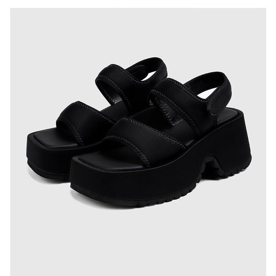 Black Chunky Platform Sandals for Women | Velcro Strap Open Toe Flatform Sandals | Thick Lug Sole Casual Platform Shoes | Edgy Street Style Summer Sandals