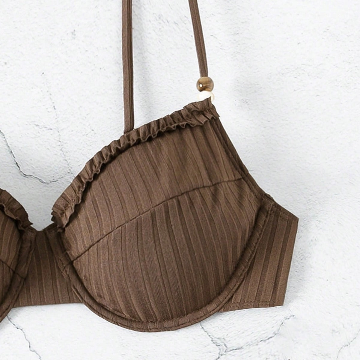 Brown Ribbed Frill Edge Bikini Set, Underwire Bead Strap Top & High Cut Cheeky Bottom, Women Chocolate Textured Swimwear, Boho Wood Bead Beach Swimsuit, Elegant Two Piece Bathing Suit