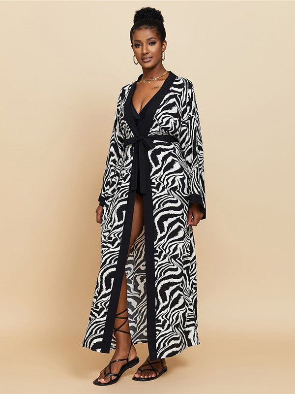 Women's Zebra Print Maxi Kimono Cover-Up | Long Belted Open Front Cardigan | Beach Pool Swimsuit Cover Up ? Black & White Animal Print
