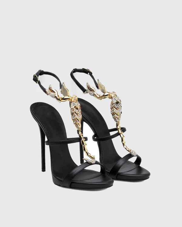 Black Leather Gold Crystal Rhinestone Flame Serpent T-Bar Stiletto Sandals with Slingback Buckle | Luxury Designer Evening Heels for Women