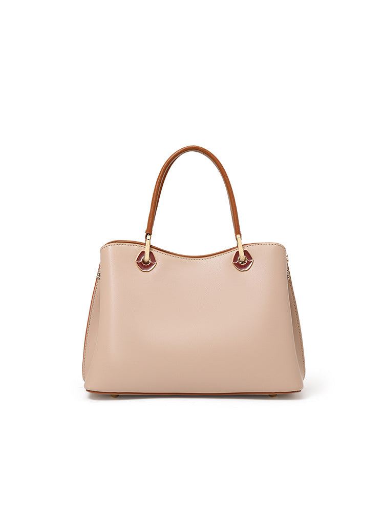 Blush Pink Leather Handbag with Brown Trim & Heart Charm | Classic Design Tote Bag