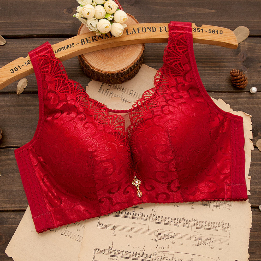 Women's Black Floral Lace Wireless Bra with Gold Charm Detail, Wide Straps and V Neckline for Everyday Elegance