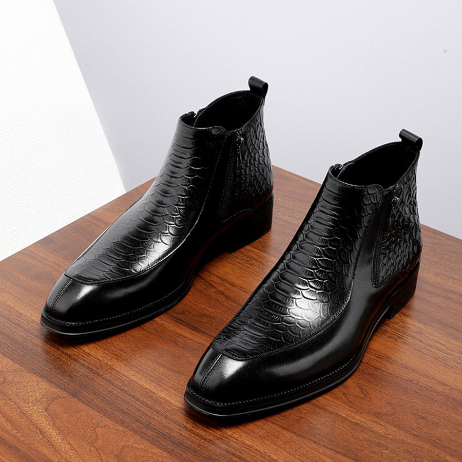 Men's Black Scale Embossed Square Toe Side Zip Ankle Boots
