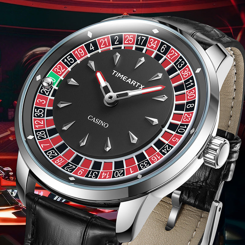 Timeartx Casino Roulette Wheel Watch | Rose Gold & Black Leather Quartz Watch for Men | Unique Novelty Dress Watch Gift
