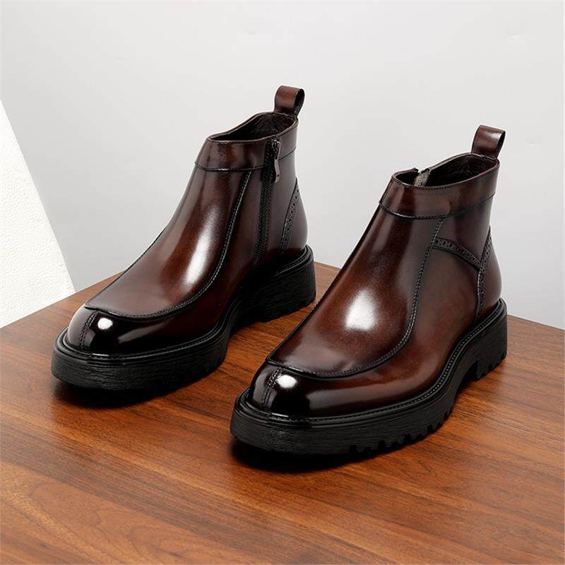 Men's Black Glossy Leather Platform Chelsea Ankle Boots | Luxury Zip-Up Thick Sole Dress Boots for Men