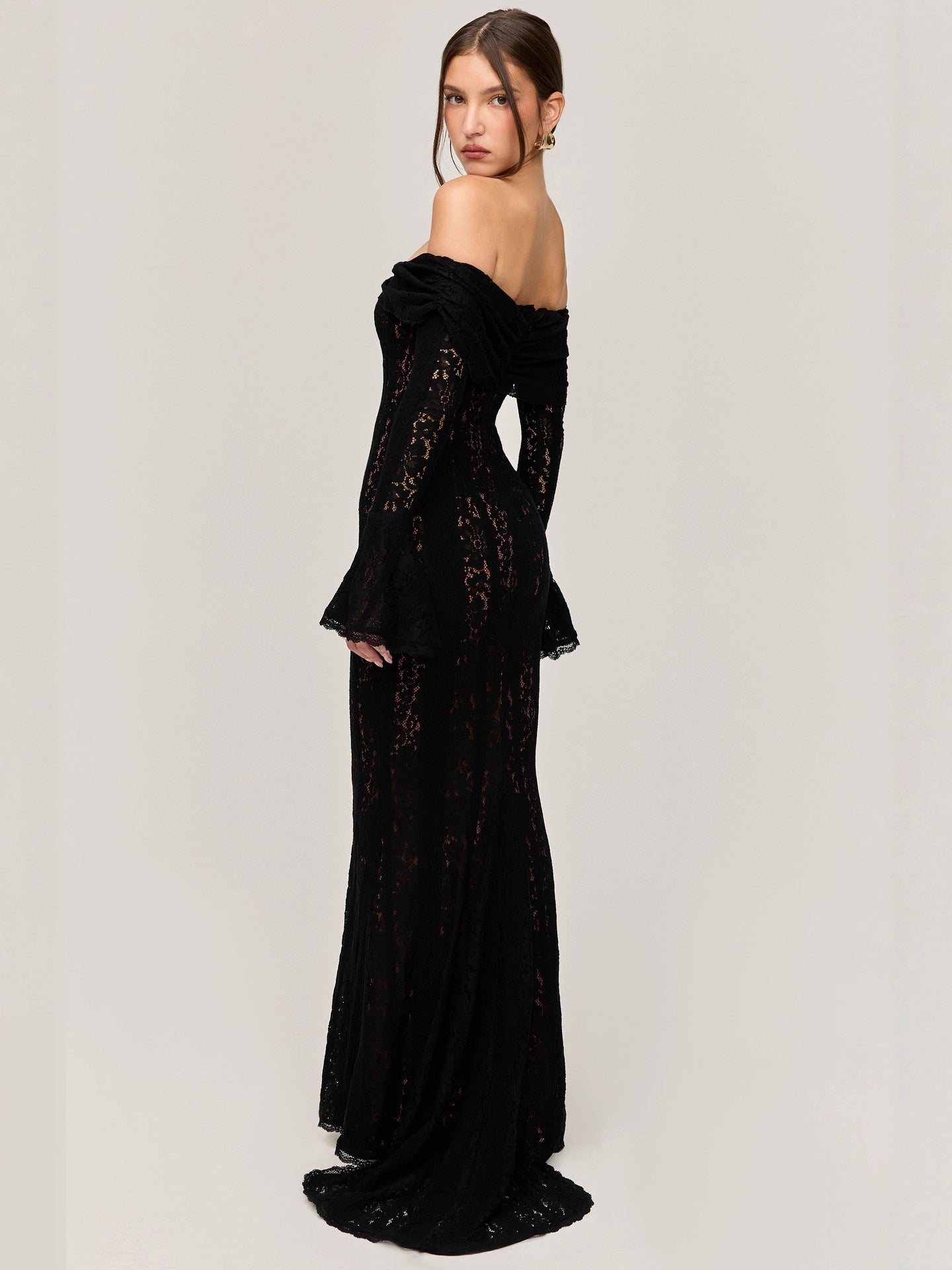 Black Lace Off Shoulder Mermaid Maxi Dress Bell Sleeve Corset Bodycon Gown | Women Elegant Evening Formal Wedding Guest Party Dress