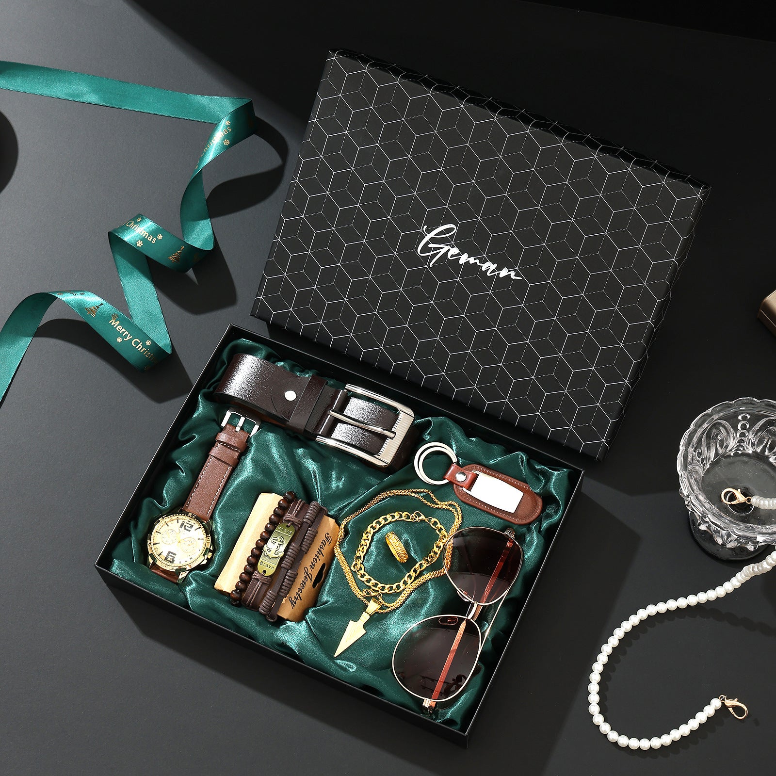 Geman Men's Luxury Gift Set – 6-Piece Black Leather Belt, Wallet, Watch, Bracelet, Keychain & Pen Box Set | Premium Men's Gift