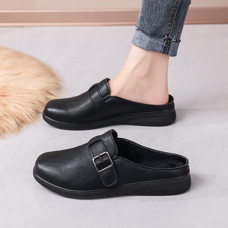 Schwarze, fleecegefütterte Damen-Clogs mit Schnalle – extra dicke, warme Winterschuhe zum Hineinschlüpfen 