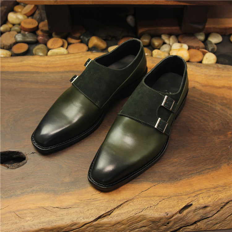 Men's Olive Green Double Monk Strap Dress Shoes | Leather & Suede Square Toe Formal Oxford