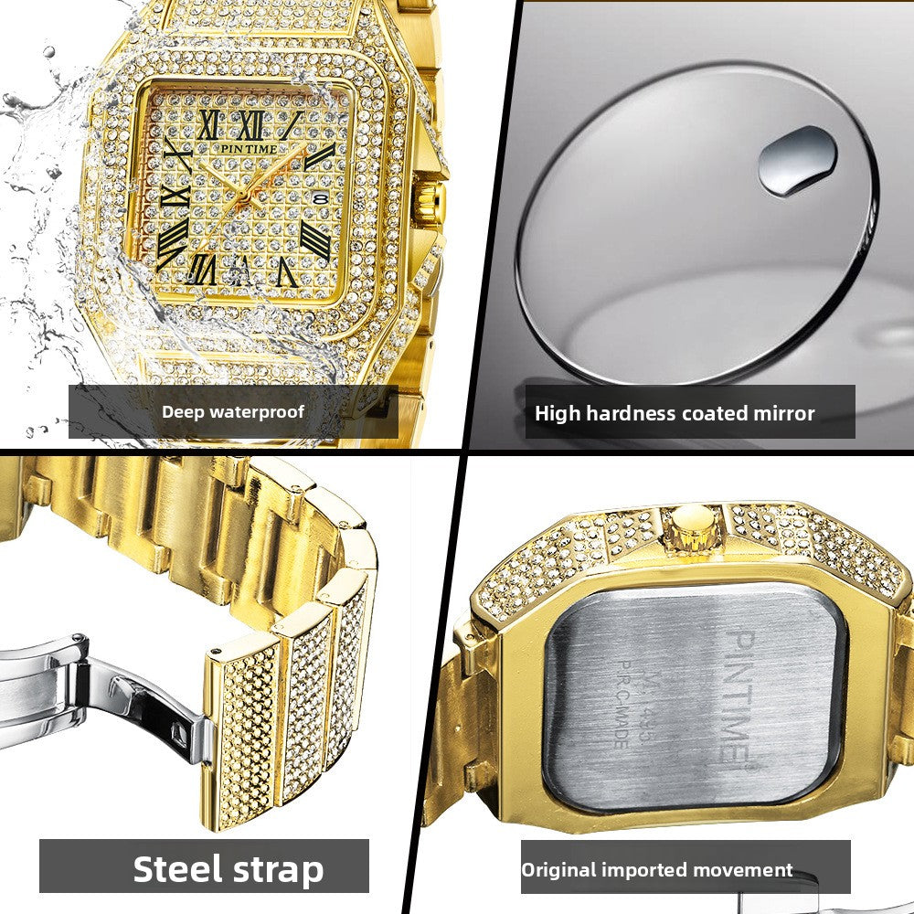 Pin Time Men's Full Iced Out Square Watch | Silver CZ Pave Roman Numeral Santos Style Hip Hop Watch with Date