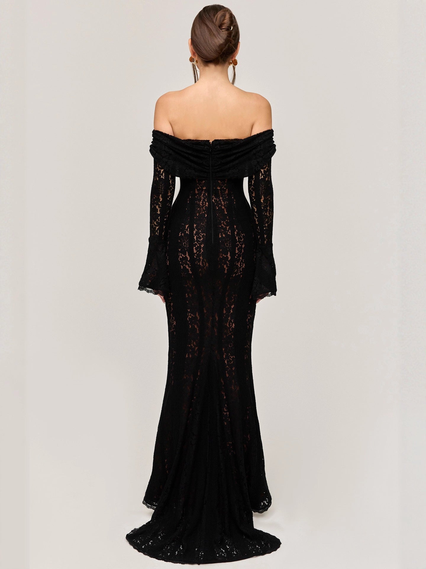 Black Lace Off Shoulder Mermaid Maxi Dress Bell Sleeve Corset Bodycon Gown | Women Elegant Evening Formal Wedding Guest Party Dress