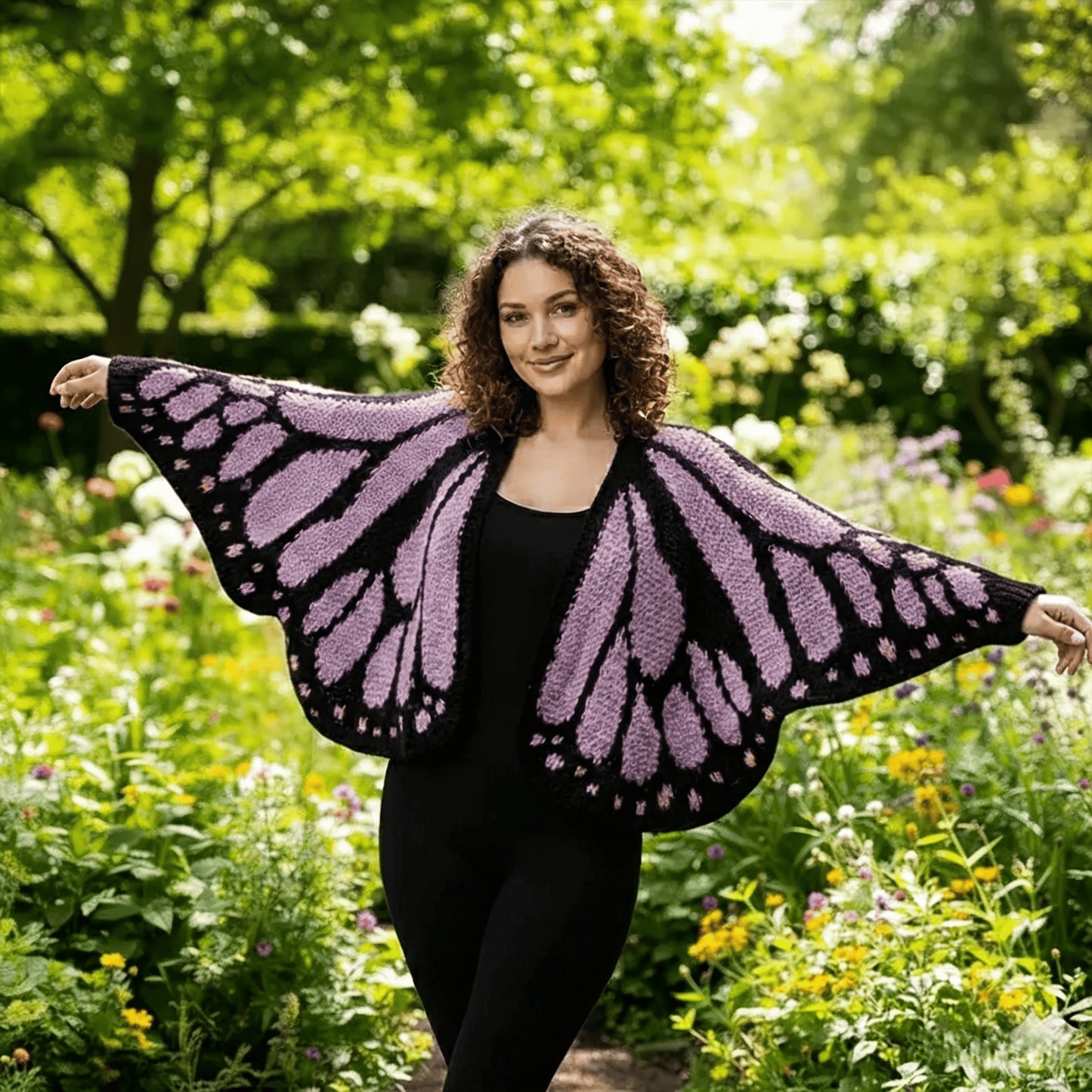 Butterfly Wing Knit Cardigan Women | Pink & Black Monarch Oversized Shawl Wrap Sweater | Boho Fairy Cottagecore Jacket