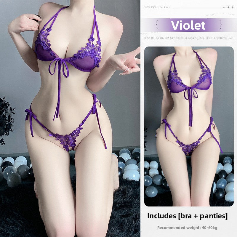 Women's Pink Floral Lace Halter Bra & Thong Lingerie Set ? Sexy 2-Piece Tie Side Intimate Set