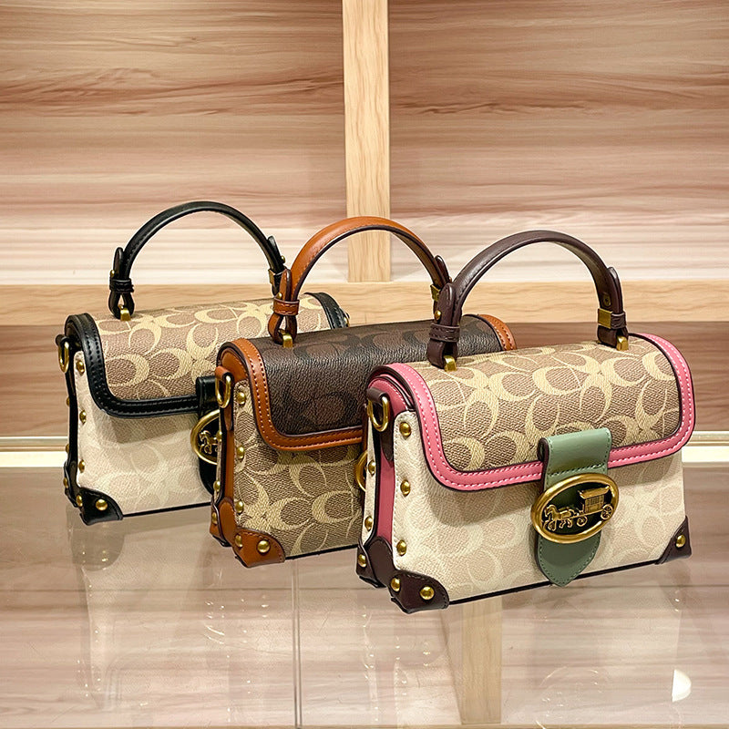 Genuine Leather Signature Monogram Mini Top Handle Crossbody Bag - Tan Canvas with Pink & Green Colorblock Trim - Gold Horse Carriage Turn Lock Flap Satchel - Women's Designer Style Handbag