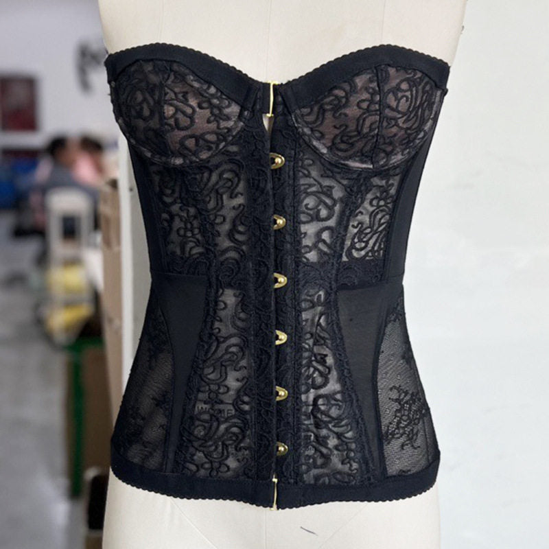 Women's Lace Corset Bustier Top | Strapless Gold Button Front Boned Corset | Sheer Floral Going Out Top