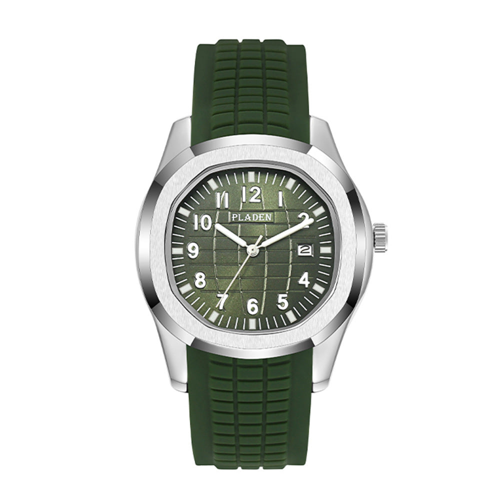 Pladen Men's Sport Watch | Grey Textured Dial Silver Case Black Rubber Strap Aquanaut Style Date Watch