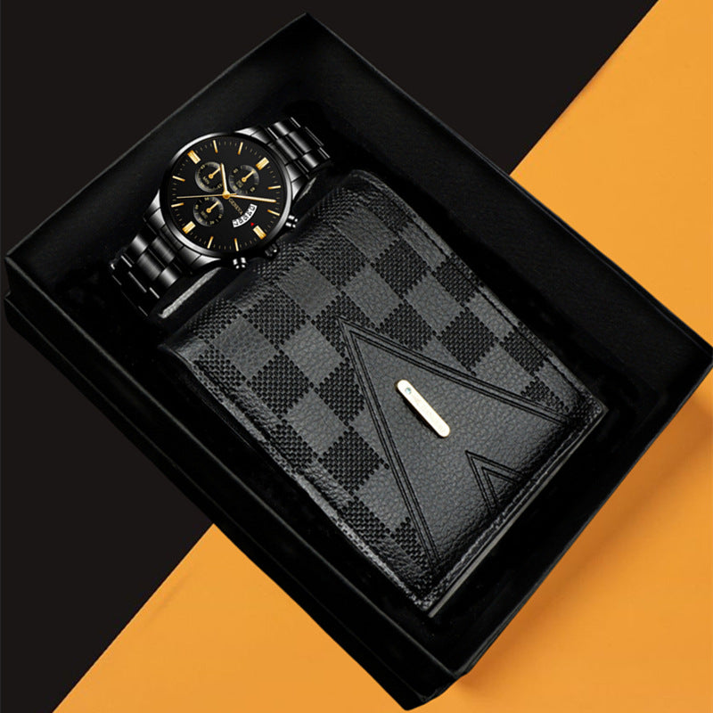 Geneva Men's 3-Piece Black Gift Set | Chronograph Watch + Cuban Link Bracelet + Cross Necklace Luxury Jewelry Box
