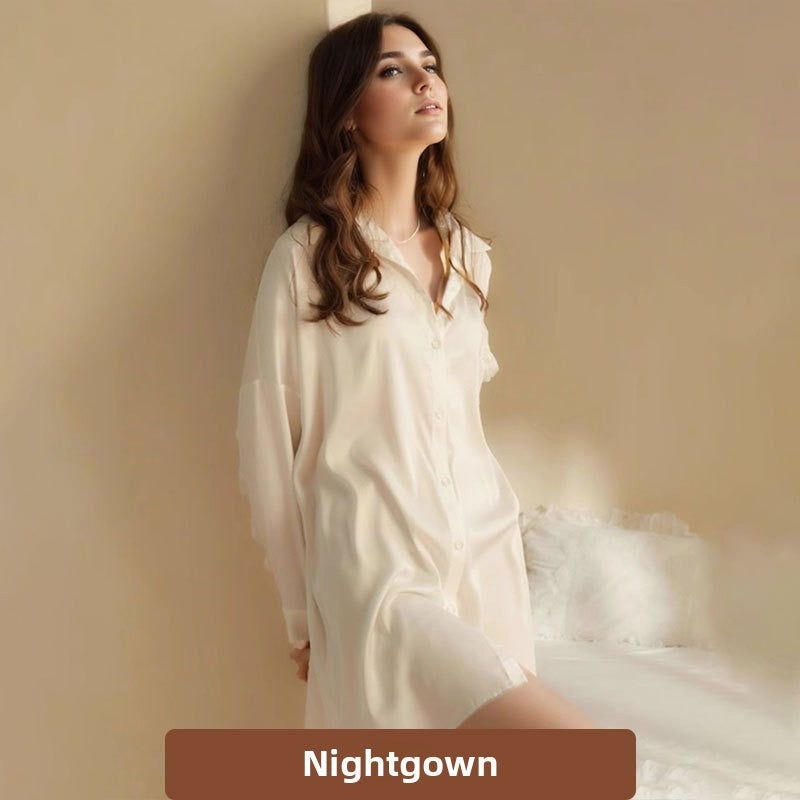 Ivory Satin Lace Trim Sleep Shirt Long Sleeve Button Down Nightgown Silky Pajama | Women Luxury Loungewear Bridal Honeymoon Sleepwear Night Dress