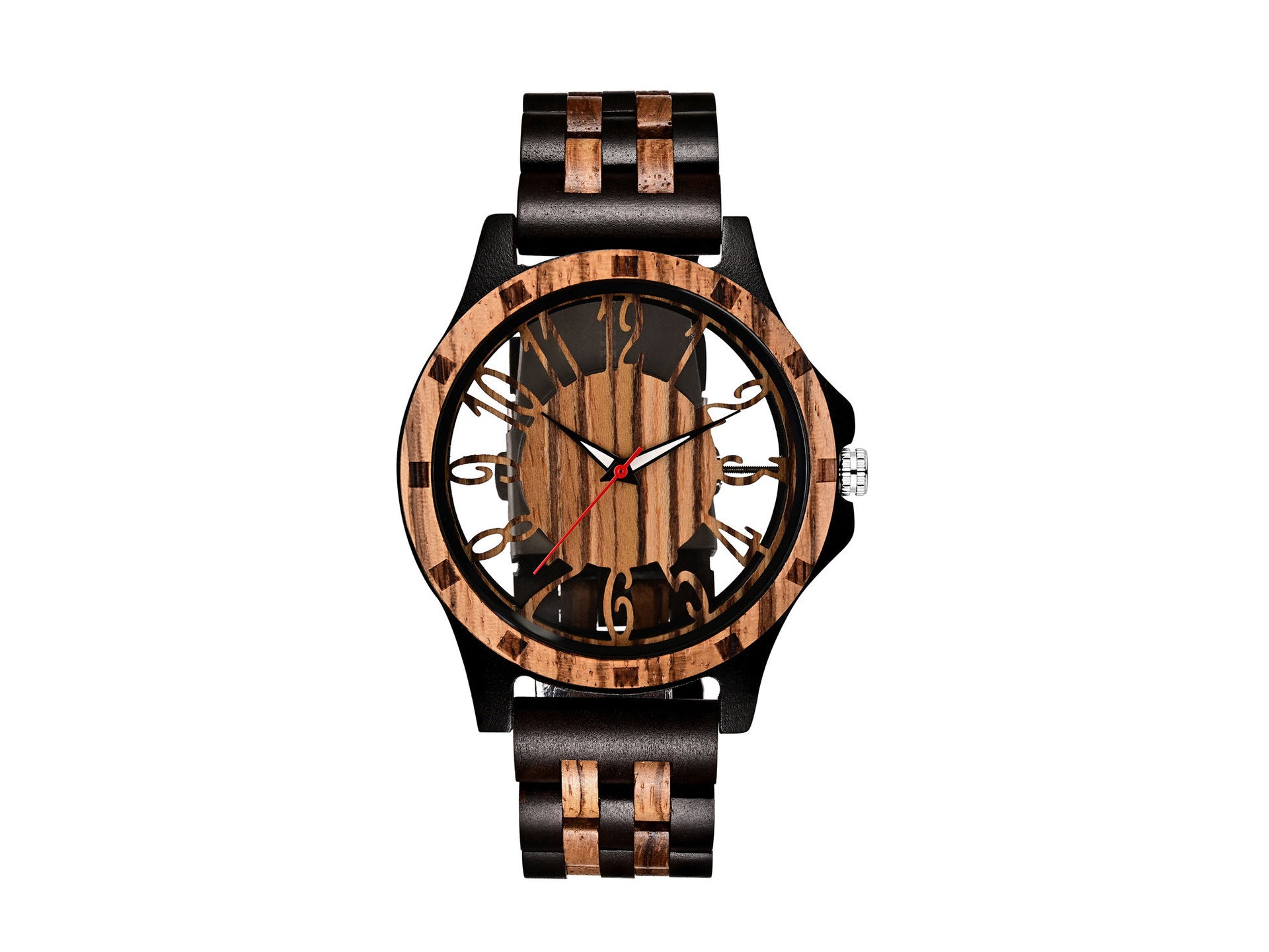 Handcrafted Zebra Wood & Ebony Wooden Watch for Men | Hollow Skeleton Dial Luxury Timepiece