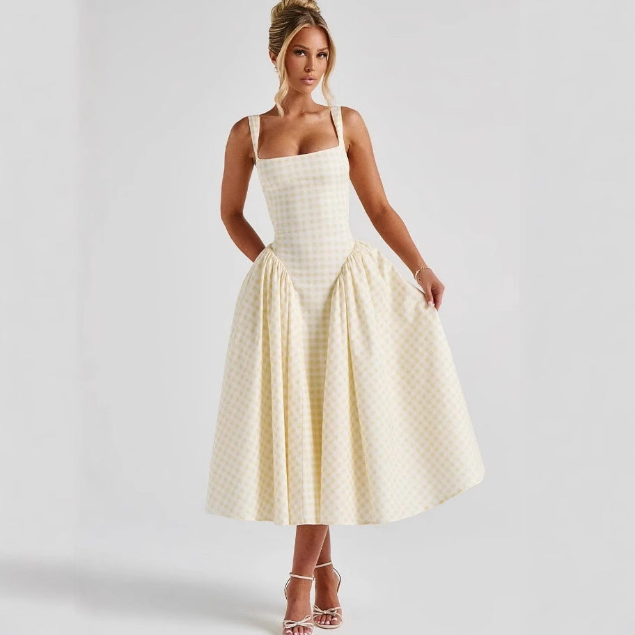 Pink Gingham Tie Strap Midi Dress | Square Neck Full A-Line Skirt Corset Dress | Women's Coquette & Vintage Party Dress