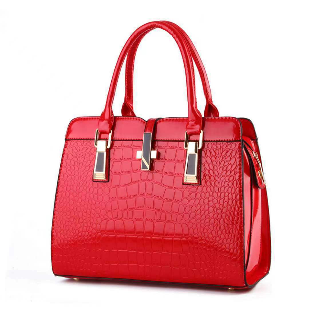 Black Patent Crocodile Embossed Handbag with Gold Hardware | Glossy Structured Tote