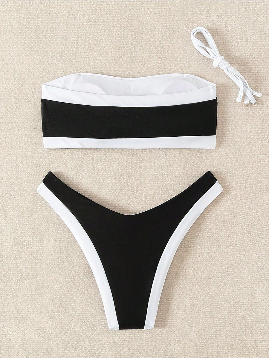 Black White Color Block Bandeau Bikini Set | Contrast Trim High Cut Cheeky Bottom Swimsuit | Women's Sexy Swimwear