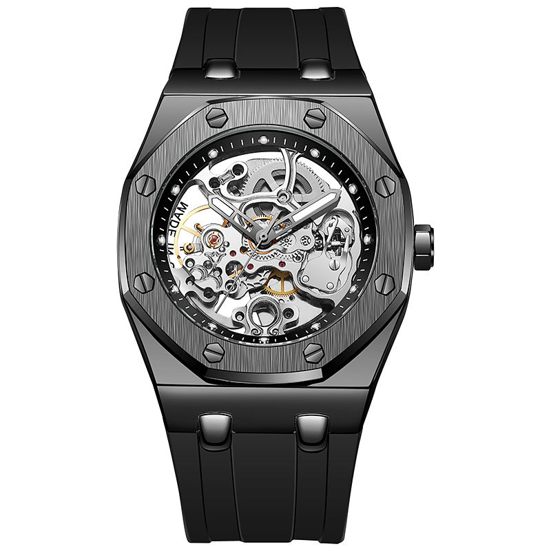 Men's Silver Skeleton Automatic Watch | Octagonal Brushed Case Exposed Movement Black Rubber Strap Royal Oak Style