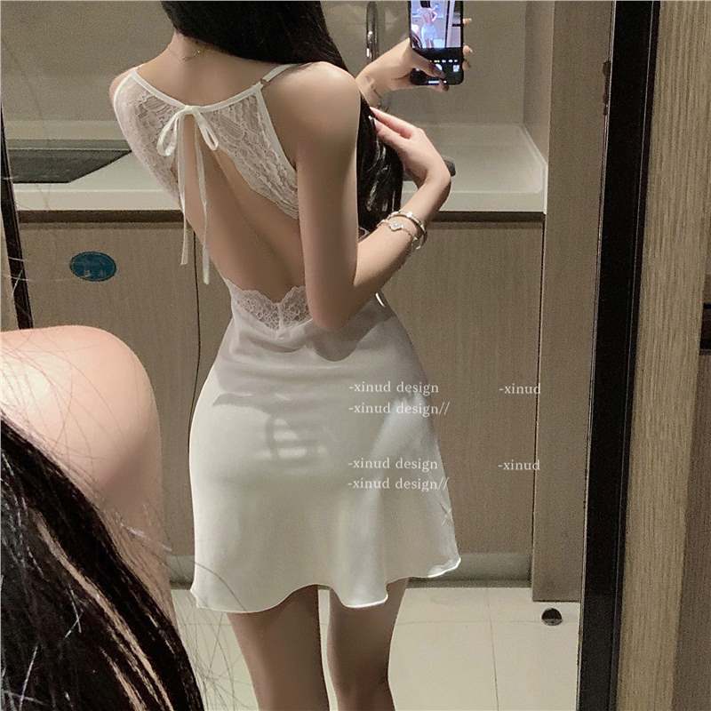 Women's Black Lace Nude Pink Satin Contrast Slip Nightgown Sexy Deep V Neck Flared A-Line Mini Sleep Dress Chemise