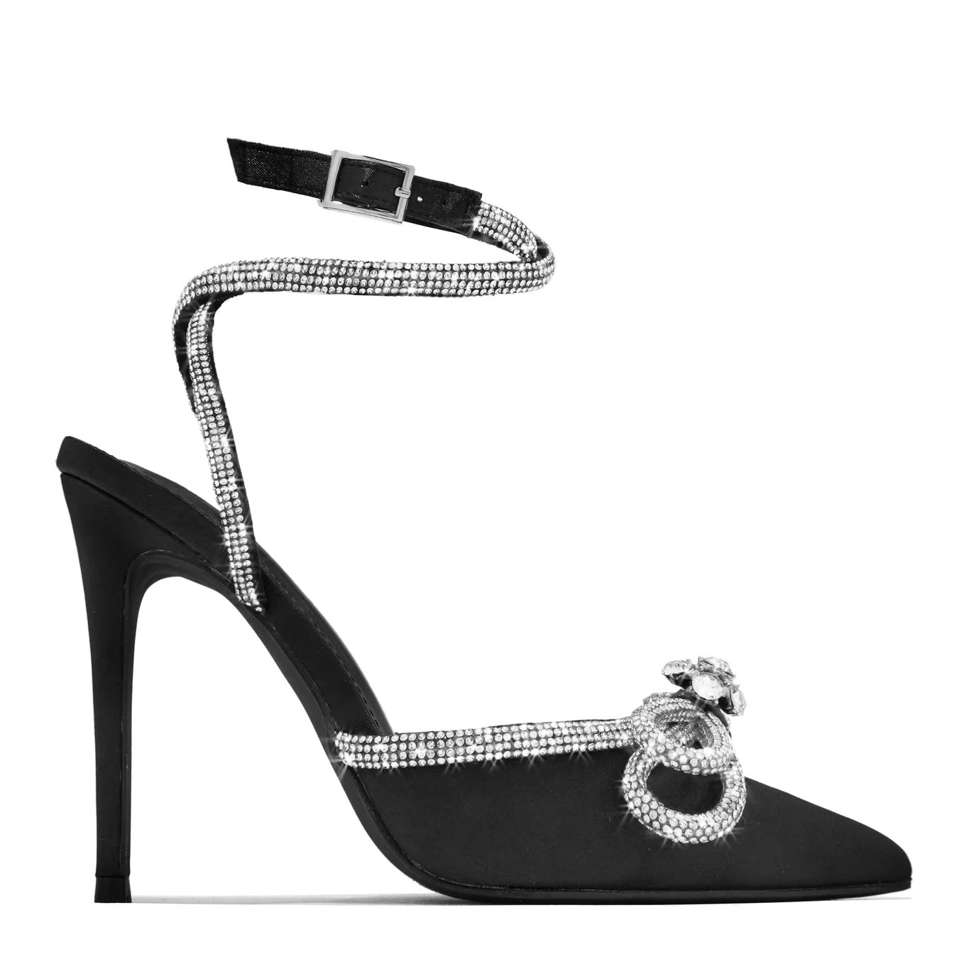 Black Satin Crystal Bow Ankle Wrap Stiletto Heels | Women's Rhinestone Bow Pointed Toe Sandals