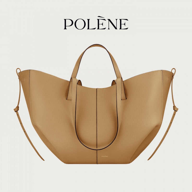 Polene Numero Un Maxi Bag in Marrone Cammello - Autentica Borsa Tote Francese in Pelle | Borsa a Spalla Curva Firmata con Lacci Regolabili
