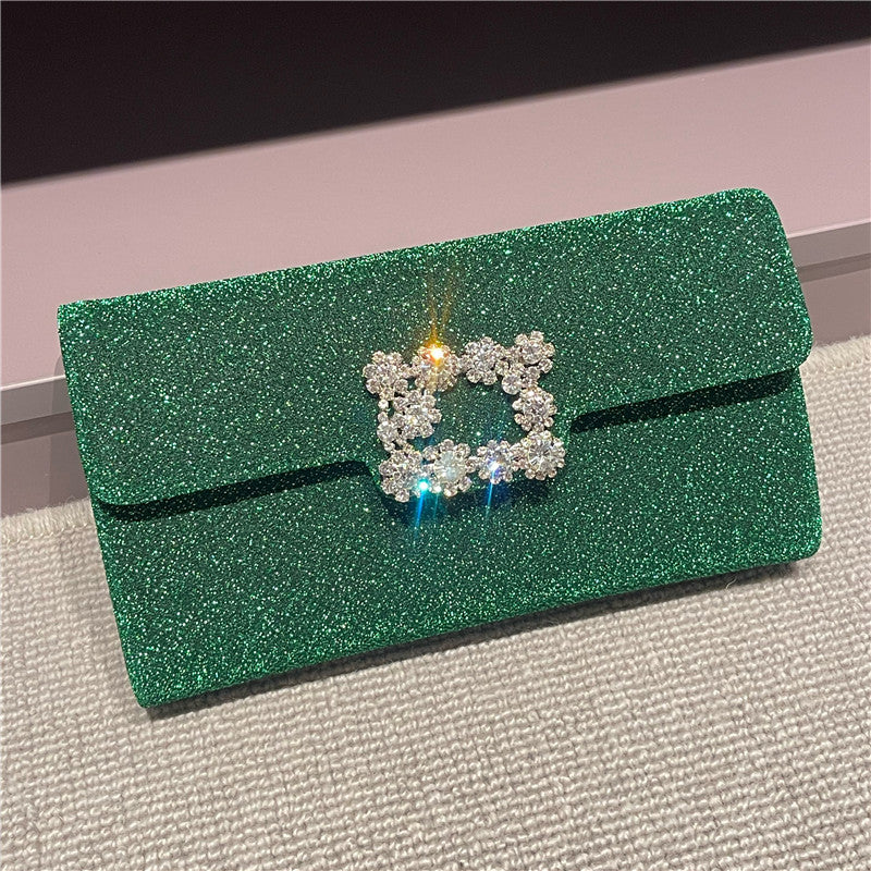 Silver Glitter Evening Clutch with Crystal Logo and Chain Strap - Sparkly Envelope Purse for Wedding, Prom, Party - Elegant Shimmer Crossbody Handbag for Women