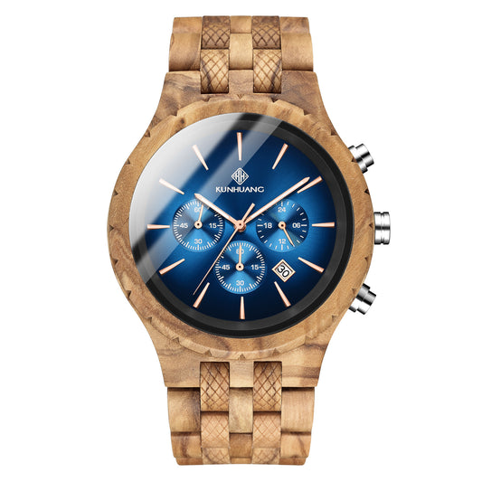 KUNHUANG Men's Wooden Chronograph Watch | Blue Dial Rose Gold Hands | Natural Wood Bracelet | Luxury Handcrafted Timepiece