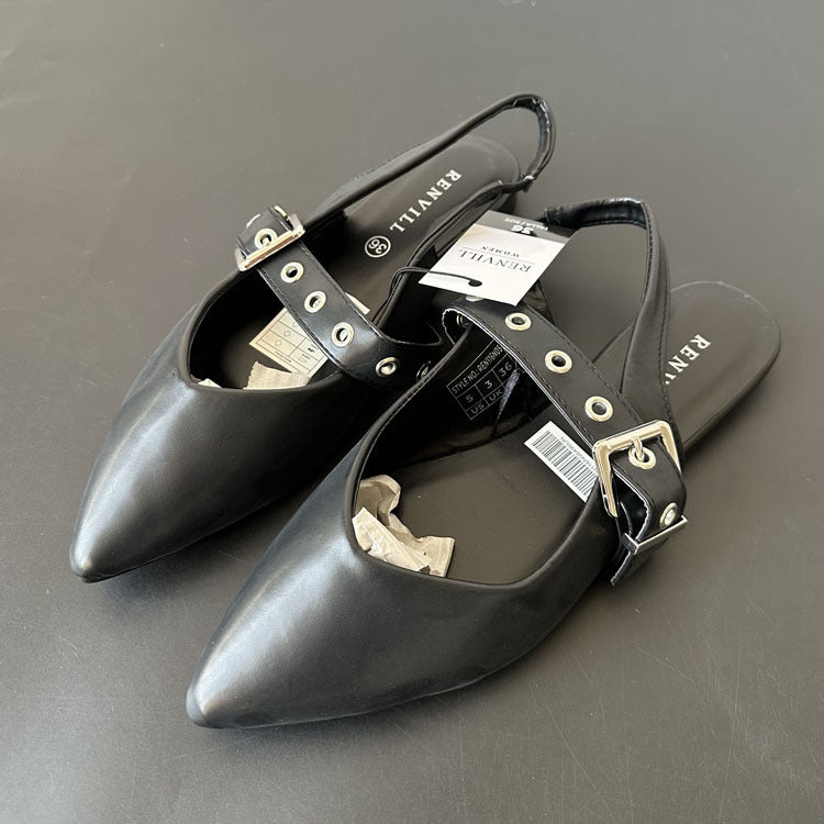 Women's Cream Pointed Toe Slingback Flats with Eyelet Buckle Strap ? Elegant Minimalist Mary Jane Style Shoes