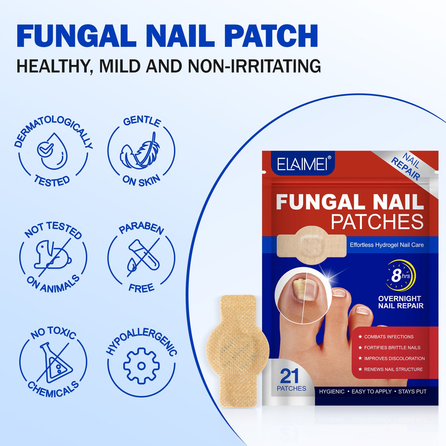 ELAIMEI Fungal Nail Patches | 21-Pack Overnight Hydrogel Nail Repair Treatment | Anti-Fungal Toenail Restoration Patches