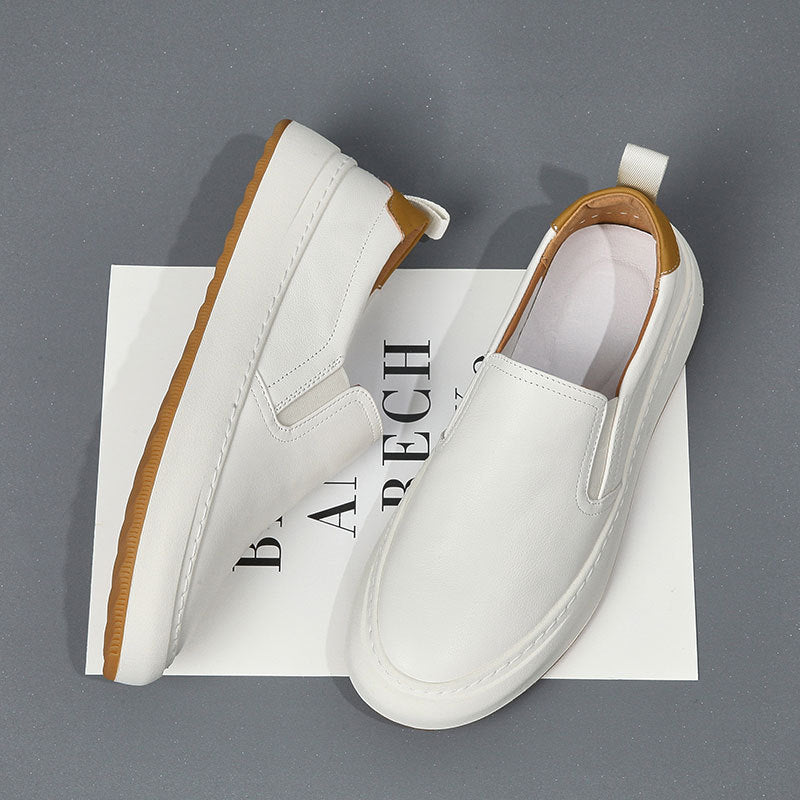 White Leather Slip-On Sneakers Men Casual Loafers Elastic Panel Gum Sole Minimalist Flat Shoes