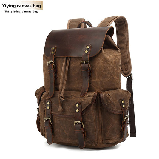 Yiying Waxed Canvas Leather Backpack | Vintage Rucksack Men Women | Large Travel Hiking Laptop Bag Brown