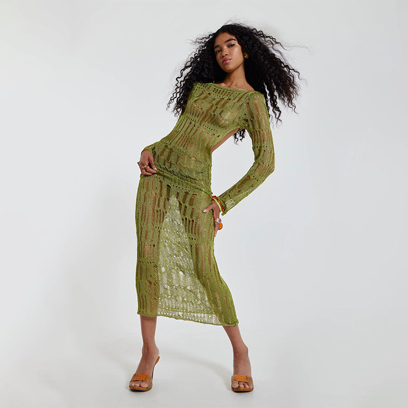 Black Open Knit Hollow Out Long Sleeve Maxi Dress | Sheer Crochet Bodycon Off Shoulder | Sexy See Through Beach Cover Up Evening Dress Women