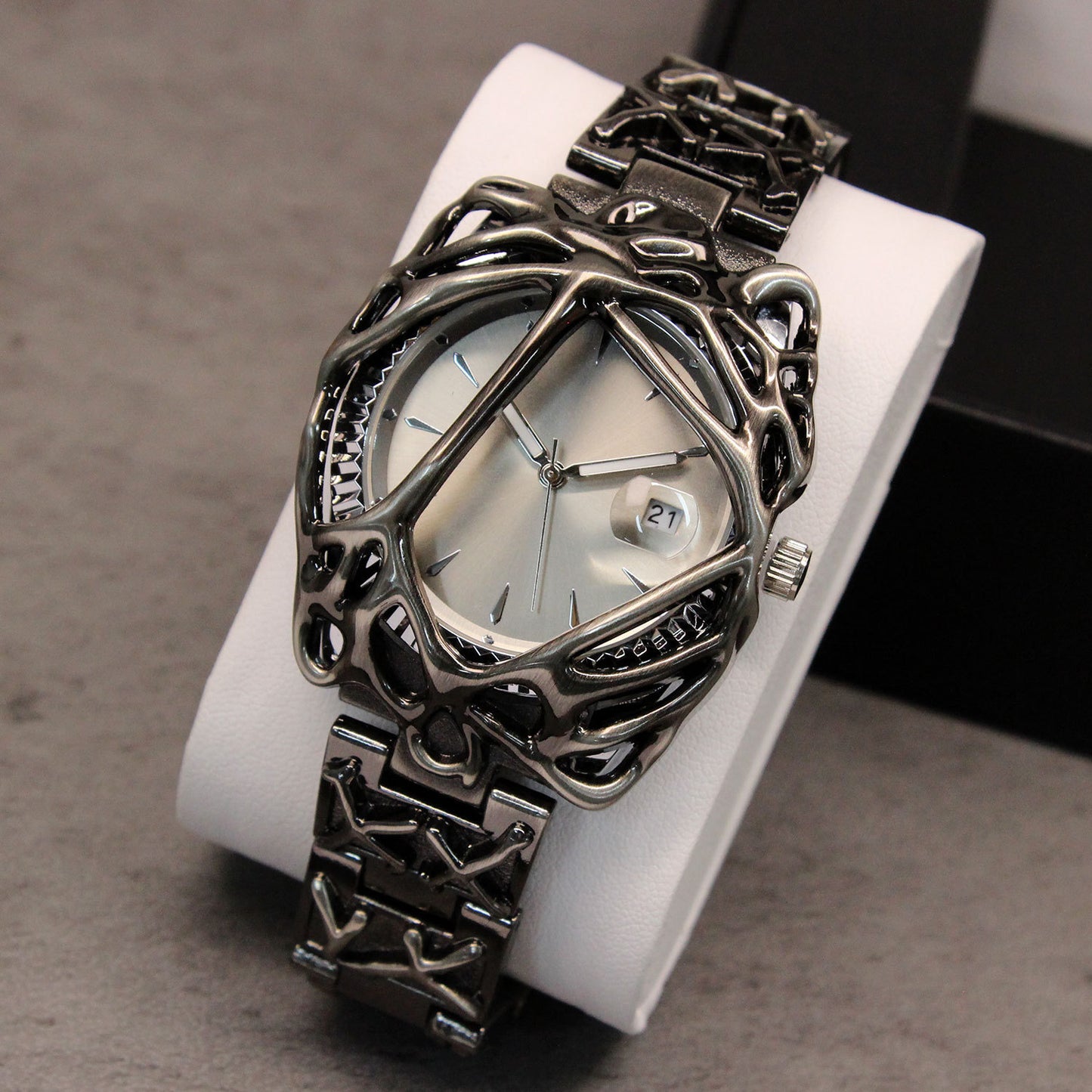 Avant-Garde Black Sculpted Web Watch for Men | Red Gradient Dial Dark Art Luxury Quartz Timepiece